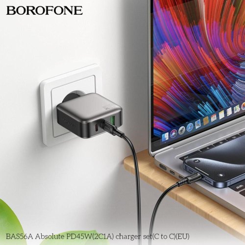 Мережевий зарядний пристрій Borofone BAS56A Absolute, 2xUSB Type-C/1xUSB Type-A, PD 45W, кабель USB Type-C to USB Type-C, EU, Black (6941991116278)