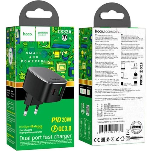 Мережевий зарядний пристрій Hoco CS32A Rise, PD 20W, QC 3.0, Black (6942007617451)