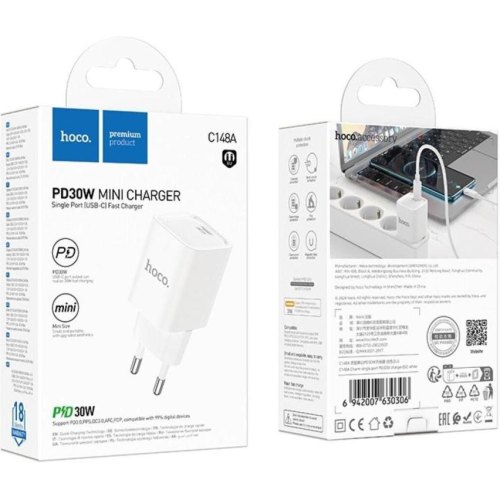 Мережевий зарядний пристрій Hoco C148A Charm, PD 30W, EU, White (6942007630306)