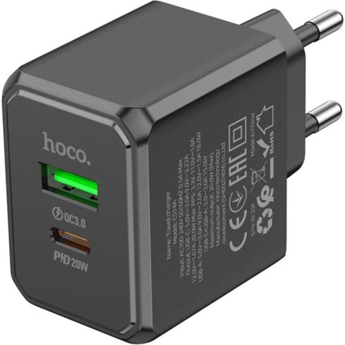 Мережевий зарядний пристрій Hoco CS14A Ocean, PD 20W, QC 3.0, Black (6942007603898)