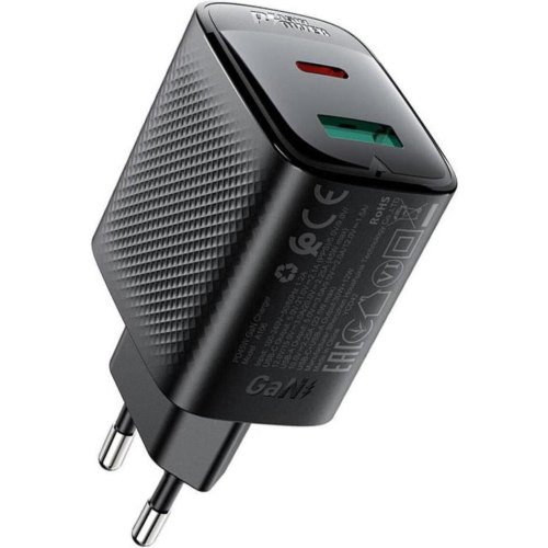 Мережевий зарядний пристрій ACEFAST A106, USB Type-A/USB Type-C, PD 45W, GaN, EU, Black (6974316284031)