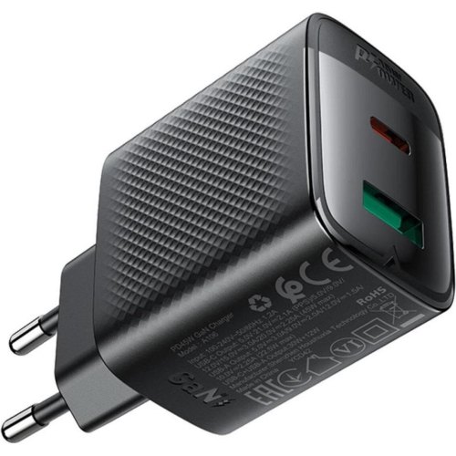 Мережевий зарядний пристрій ACEFAST A106, USB Type-A/USB Type-C, PD 45W, GaN, EU, Black (6974316284031)