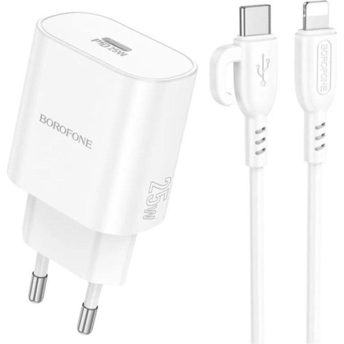 Мережевий зарядний пристрій Borofone BA82A Platinum, PD 25W, кабель USB Type-C to Lightning, EU, White (6941991112263)