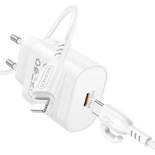 Мережевий зарядний пристрій Borofone BA82A Platinum, PD 25W, кабель USB Type-C to Lightning, EU, White (6941991112263)