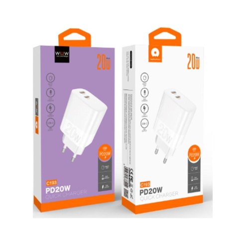 Мережевий зарядний пристрій WUW C193, 2xUSB Type-C, PD 20W, White (6972573336616)