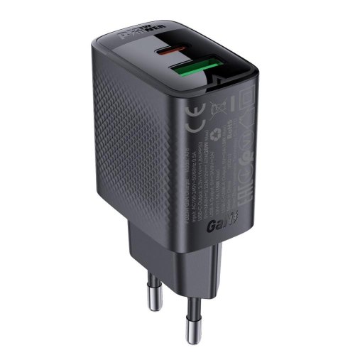 Мережевий зарядний пристрій ACEFAST A78, USB Type-A/USB Type-C, PD 20W, GaN, Black (6974316283256)