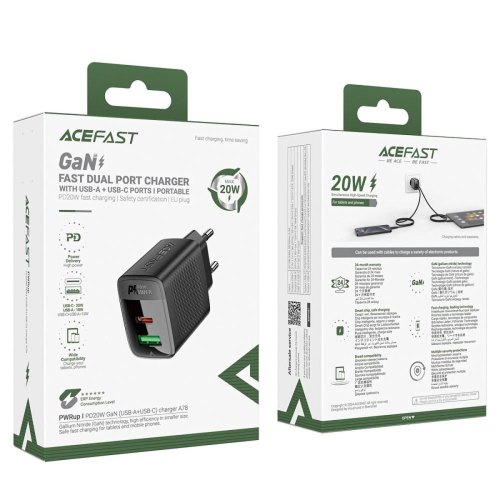 Мережевий зарядний пристрій ACEFAST A78, USB Type-A/USB Type-C, PD 20W, GaN, Black (6974316283256)