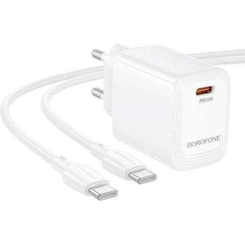 Мережевий зарядний пристрій Borofone BN26 Fuente, PD 20W, кабель USB Type-C to USB Type-C, EU, White (6941991120251)