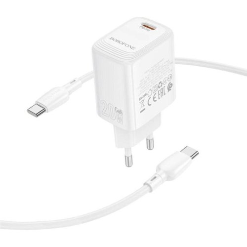 Мережевий зарядний пристрій Borofone BN26 Fuente, PD 20W, кабель USB Type-C to USB Type-C, EU, White (6941991120251)