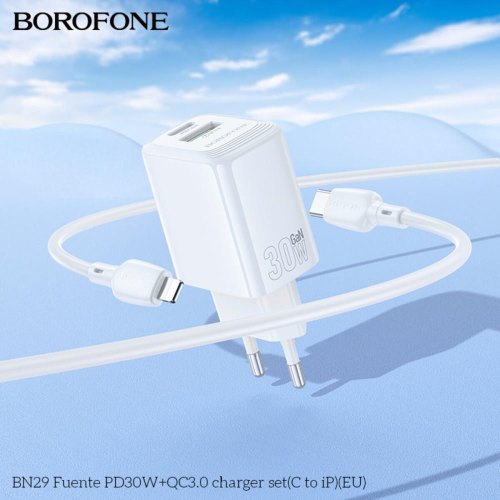 Мережевий зарядний пристрій Borofone BN29 Fuente, PD 30W, QC 3.0, кабель USB Type-C to Lightning, EU, White (6941991120336)