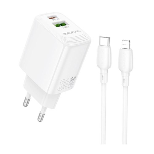 Мережевий зарядний пристрій Borofone BN29 Fuente, PD 30W, QC 3.0, кабель USB Type-C to Lightning, EU, White (6941991120336)