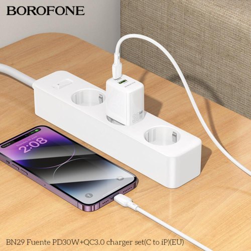 Мережевий зарядний пристрій Borofone BN29 Fuente, PD 30W, QC 3.0, кабель USB Type-C to Lightning, EU, White (6941991120336)
