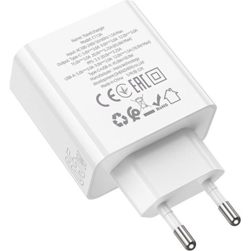 Мережевий зарядний пристрій Hoco C113A Awesome, USB Type-A/USB Type-C, PD 65W, White (6931474790910)
