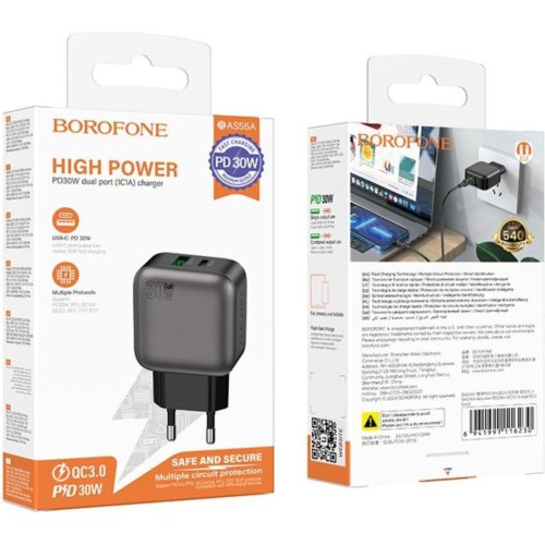 Мережевий зарядний пристрій Borofone BAS55A Absolute, PD 30W, QC 3.0, EU, Black (6941991116230)