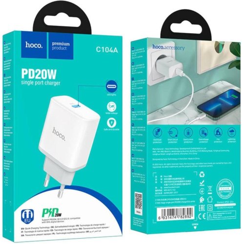 Мережевий зарядний пристрій Hoco C104A Stage, PD 20W, White (6931474782892)