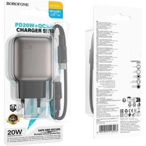 Мережевий зарядний пристрій Borofone BAS54A Absolute, PD 20W, QC 3.0, EU, Black (6941991116209)