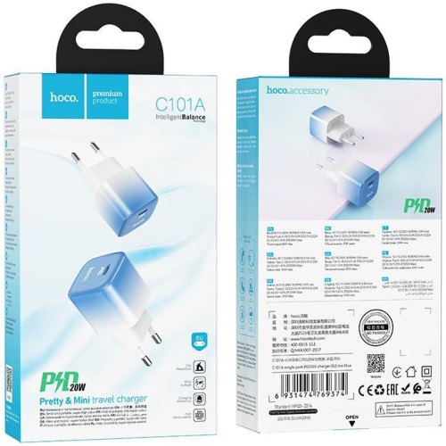 Мережевий зарядний пристрій Hoco C101A, PD 20W, Ice Blue (6931474769374)