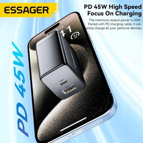 Мережевий зарядний пристрій Essager ECT45W, USB Type-A/USB Type-C, Gan, 45W, Black (ECT45W-LJB01-Z)