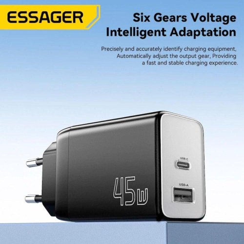 Мережевий зарядний пристрій Essager ECT45W, USB Type-A/USB Type-C, Gan, 45W, Black (ECT45W-LJB01-Z)