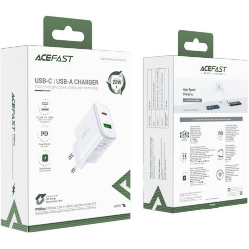 Мережевий зарядний пристрій ACEFAST A25, USB Type-A/USB Type-C, PD 20W, White (AFA25W)