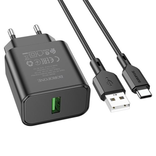 Мережевий зарядний пристрій Borofone BA72A Spring, QC 3.0, кабель USB Type-C, 18W, Black (BA72ACB)