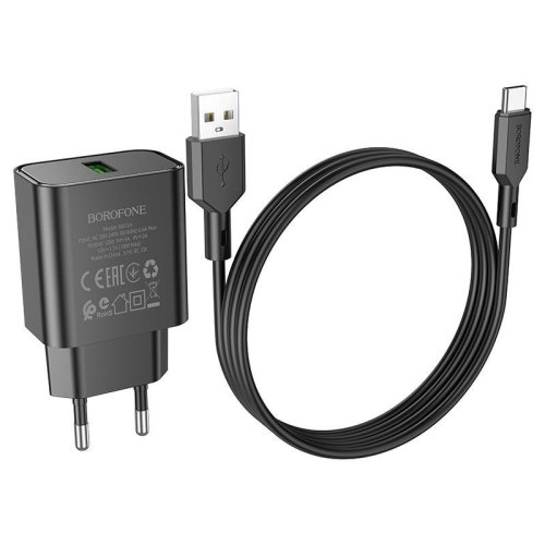 Мережевий зарядний пристрій Borofone BA72A Spring, QC 3.0, кабель USB Type-C, 18W, Black (BA72ACB)