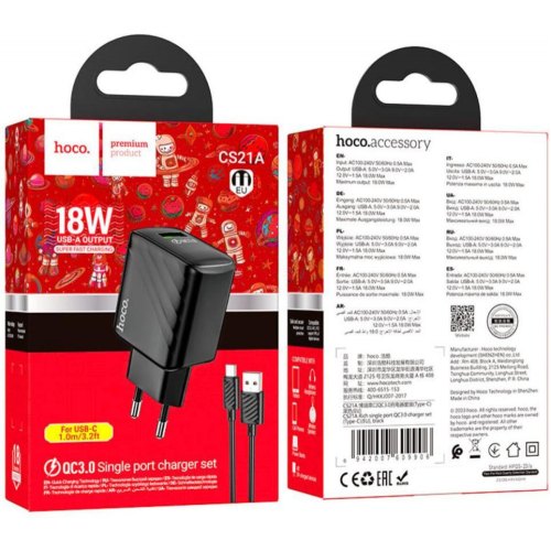 Мережевий зарядний пристрій Hoco CS21A Rich, QC 3.0, кабель USB Type-C, EU, Black (6942007609906)