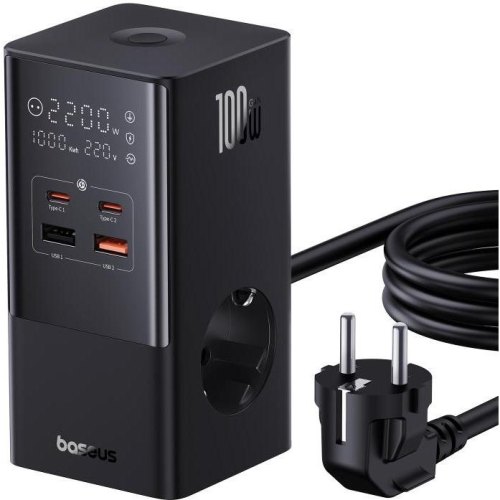 Мережевий зарядний пристрій Baseus PowerCombo Tower Power Strip, 2xAC/2xUSB Type-A/2xUSB Type-C, 100W, 1.5м, EU, Cluster Black (E00023609113-00)