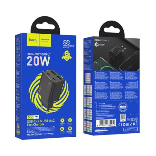 Мережевий зарядний пристрій Hoco N55 Fundador, 2xUSB Type-C/2xUSB Type-A, PD 20W, Black (6942007632430)