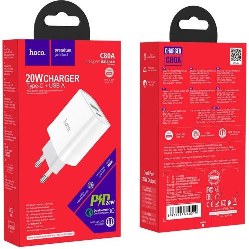 Мережевий зарядний пристрій Hoco C80A Plus Rapido, PD 20W, QC 3.0, White (6931474779885)