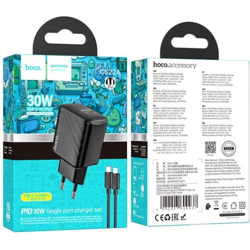 Мережевий зарядний пристрій Hoco CS22A Value, PD 30W, кабель USB Type-C to USB Type-C, Black (6942007609937)