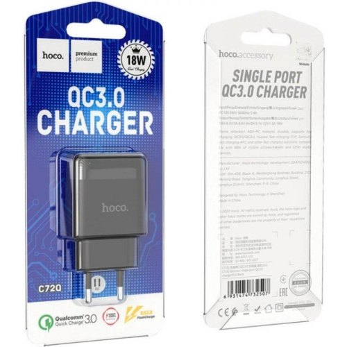 Мережевий зарядний пристрій Hoco C72Q Glorious, QC 3.0, 18W, Black (6931474732507)