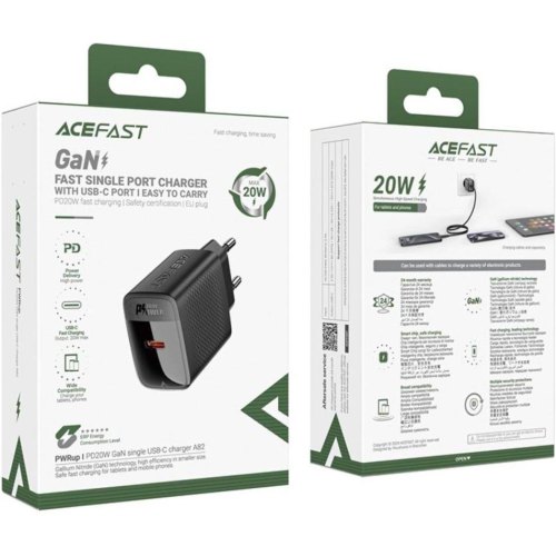 Мережевий зарядний пристрій ACEFAST A82, USB Type-C, PD 20W, GaN, Black (6974316283232)