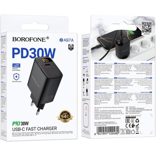 Мережевий зарядний пристрій Borofone BA97A Ilustre, PD 30W, дисплей, EU, Black (6941991120480)