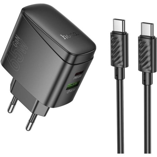 Мережевий зарядний пристрій Hoco CS63A Bright, USB Type-A/USB Type-C, PD 65W, кабель USB Type-C to USB Type-C, EU, Black (6942007638487)