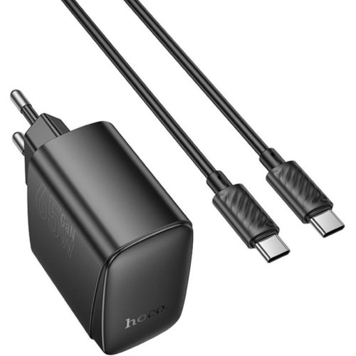Мережевий зарядний пристрій Hoco CS63A Bright, USB Type-A/USB Type-C, PD 65W, кабель USB Type-C to USB Type-C, EU, Black (6942007638487)