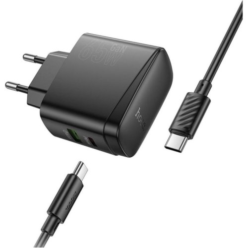 Мережевий зарядний пристрій Hoco CS63A Bright, USB Type-A/USB Type-C, PD 65W, кабель USB Type-C to USB Type-C, EU, Black (6942007638487)