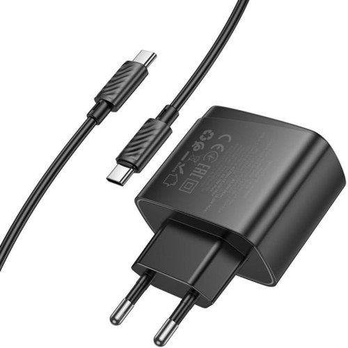 Мережевий зарядний пристрій Hoco CS63A Bright, USB Type-A/USB Type-C, PD 65W, кабель USB Type-C to USB Type-C, EU, Black (6942007638487)