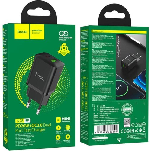 Мережевий зарядний пристрій Hoco N28 Founder, PD 20W, QC 3.0, Black (6931474783509)