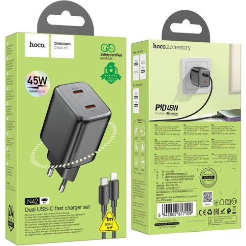 Мережевий зарядний пристрій Hoco N40 Mighty, PD 20W, Black (6942007616966)