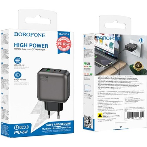 Мережевий зарядний пристрій Borofone BAS56A Absolute, 2xUSB Type-C/1xUSB Type-A, PD 45W, EU, Black (6941991116261)
