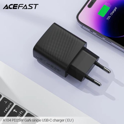 Мережевий зарядний пристрій ACEFAST A104, USB Type-C, PD 25W, GaN, Black (6974316283355)