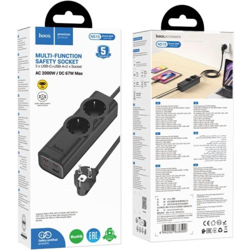 Мережевий фільтр-подовжувач Hoco NS10 Wisdom, 2 розетки/3xUSB Type-C/1xUSB Type-A, PD 67W, EU/GER, Black (6942007638500)