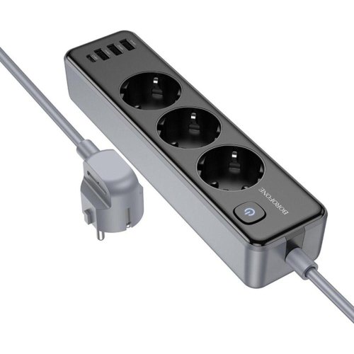 Мережевий фільтр-подовжувач Borofone BAC8 Power, 3 розетки/1xUSB Type-C/3xUSB Type-A, 3м, EU/GER, Black (6941991116643)