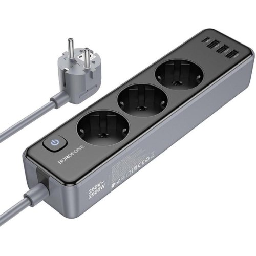 Мережевий фільтр-подовжувач Borofone BAC8 Power, 3 розетки/1xUSB Type-C/3xUSB Type-A, 3м, EU/GER, Black (6941991116643)
