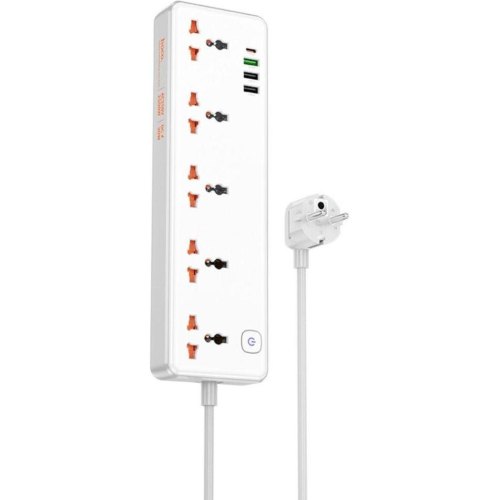 Мережевий фільтр-подовжувач Hoco AC14A Rico, 5 розеток/1xUSB Type-C/3xUSB Type-A, PD 30W, White (6942007607186)