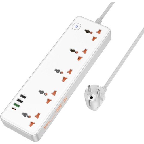 Мережевий фільтр-подовжувач Hoco AC14A Rico, 5 розеток/1xUSB Type-C/3xUSB Type-A, PD 30W, White (6942007607186)