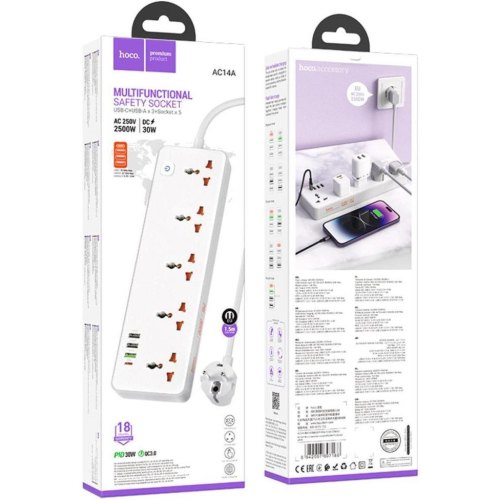 Мережевий фільтр-подовжувач Hoco AC14A Rico, 5 розеток/1xUSB Type-C/3xUSB Type-A, PD 30W, White (6942007607186)