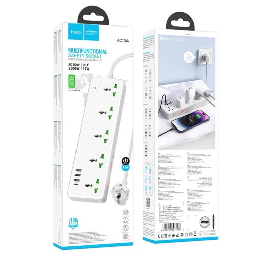 Мережевий фільтр-подовжувач Hoco AC13A Talento, 5 розеток/1xUSB Type-C/3xUSB Type-A, White (6942007607148)