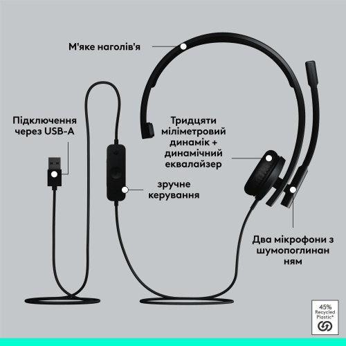 Гарнітура дротова Logitech H570e Corded Mono BLACK-USB-A (981-001426)